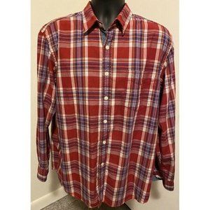 Club Room Maroon Blue Plaid Button Up Shirt Men Large 100 Percent Cotton